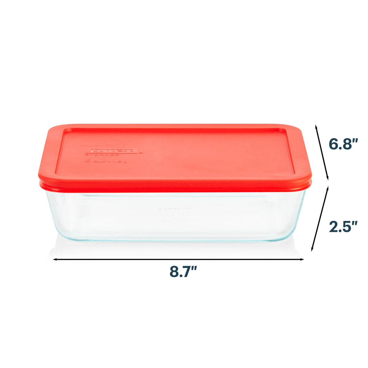 Glass food storage container with a red lid and measurements on a white background