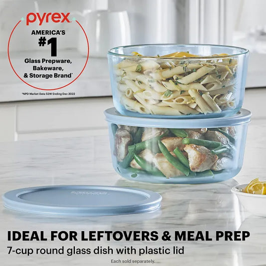 Simply Store Tinted 7-cup Round Storage with Blue Plastic Lid with text Ideal for Leftovers and Meal Prep