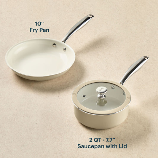 10-inch fry pan and 2-quart saucepan with lid on a beige background