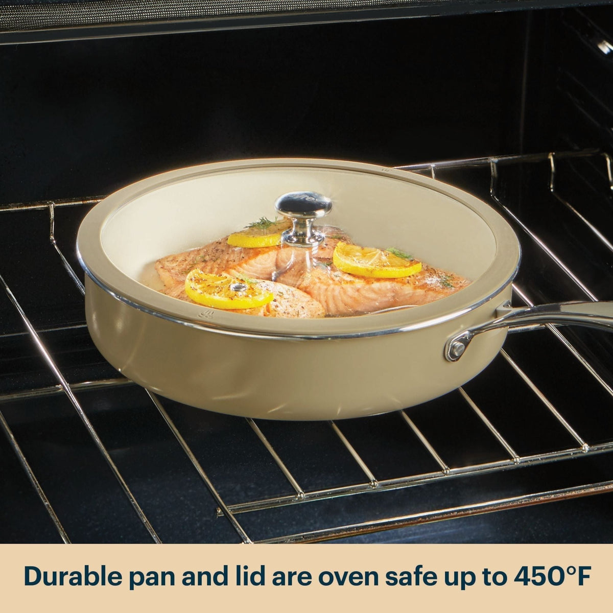 Ceramic cookware with lid containing salmon dish inside an oven.