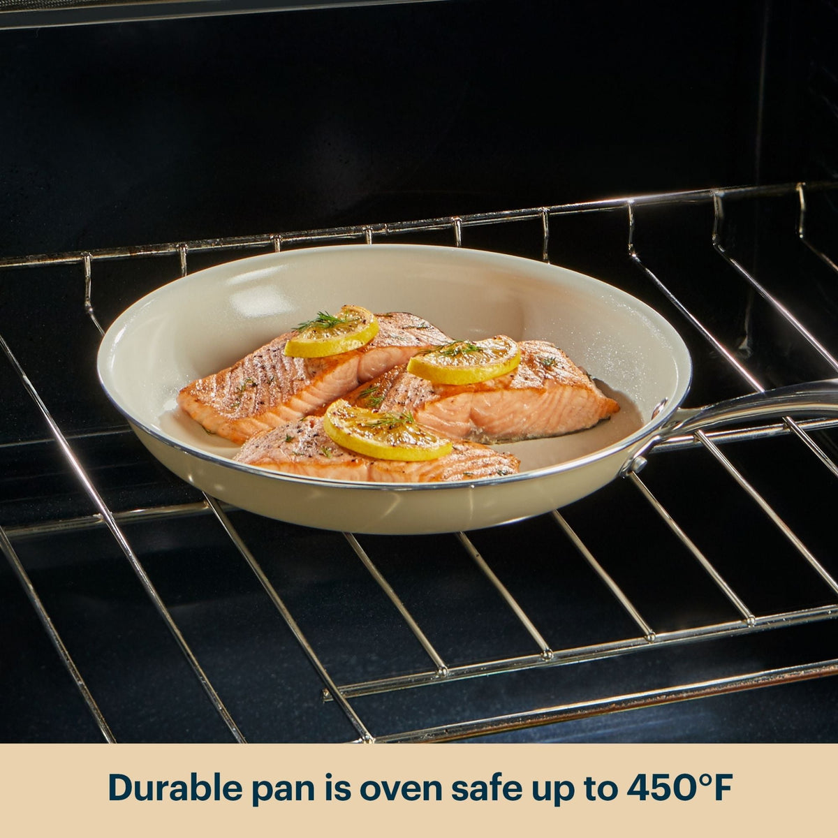 Salmon fillets with lemon slices in a pan inside an oven, with text indicating oven safety.