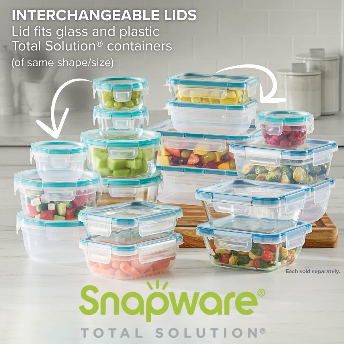 Snapware Total Solution food storage containers with interchangeable lids on a kitchen counter.
