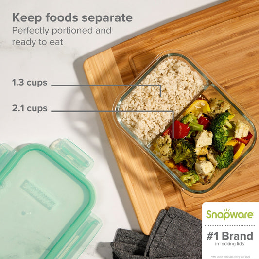 text: Snapware #1 brand in locking lids; Snapware 4-cup divided meal box; text: keep foods separate perfectly portioned and ready to eat. small side is 1.3 cups; large side is 2.1 cups