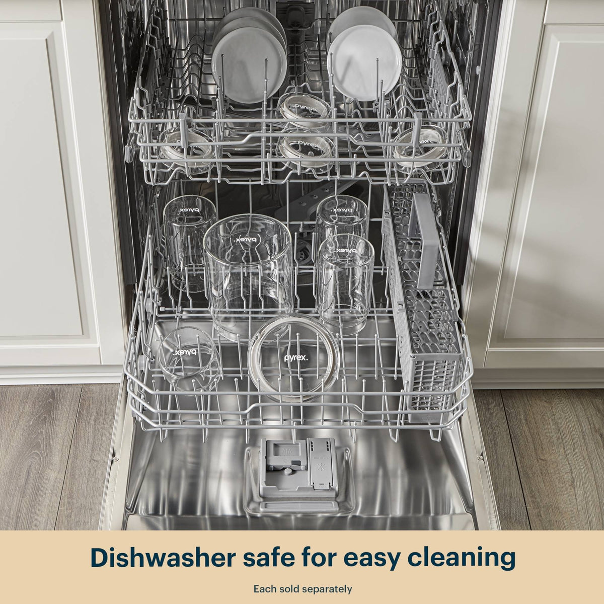 Dishwasher with clean dishes inside, labeled 'Dishwasher safe for easy cleaning'.