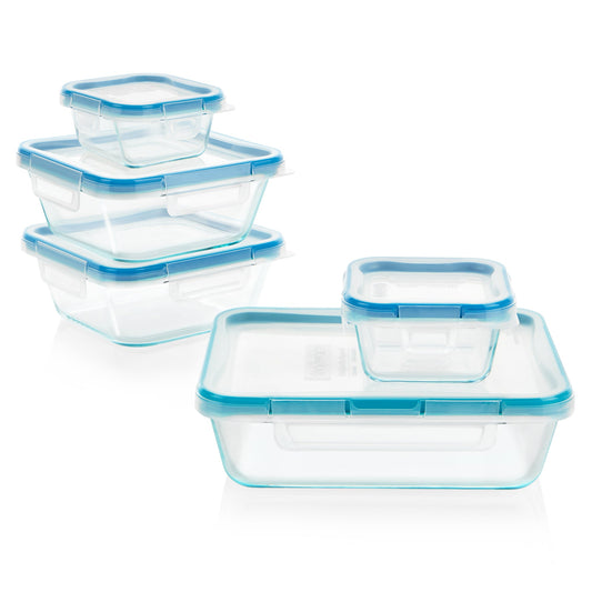 Set of clear food storage containers with blue lids on a white background