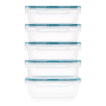 Set of six clear food storage containers with blue lids on a white background