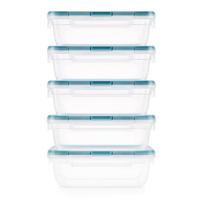 Set of six clear food storage containers with blue lids on a white background