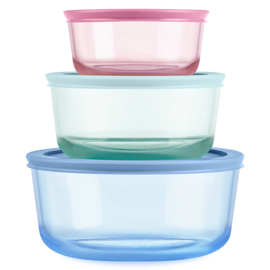 Set of three colorful plastic containers stacked on a white background