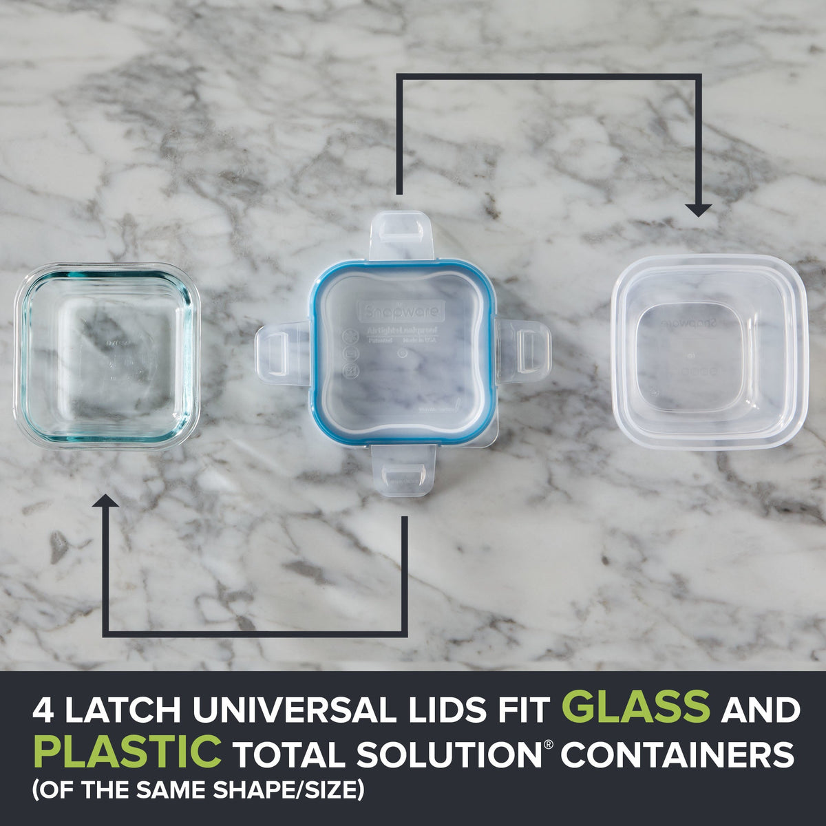 Glass containers with latch universal lids on a marble surface