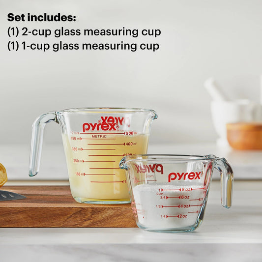 Smart Essentials Glass Measuring Cups with text what that set includes one each; 2-cup &amp; 1-cup measuring cups