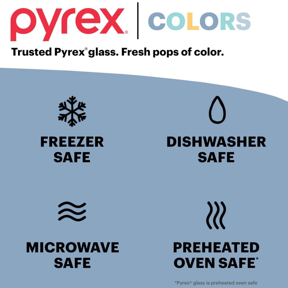 add text Pyrex Colors trusted Pyrex glass - fresh pops of color freezer, dishwasher, microwave & preheated oven safe
