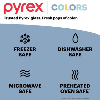 text: Pyrex Colors trust Pyrex glass. fresh pops of color, freezer, dishwasher, microwave & preheated ovensafe