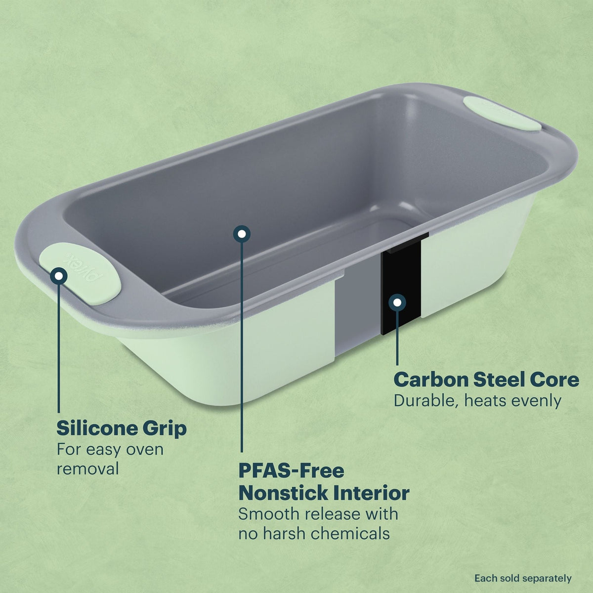 Gray nonstick loaf pan with silicone grips and carbon steel core labels shown.
