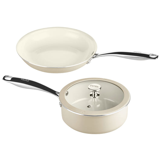 Set of ceramic cookware with a frying pan and a saucepan on a white background