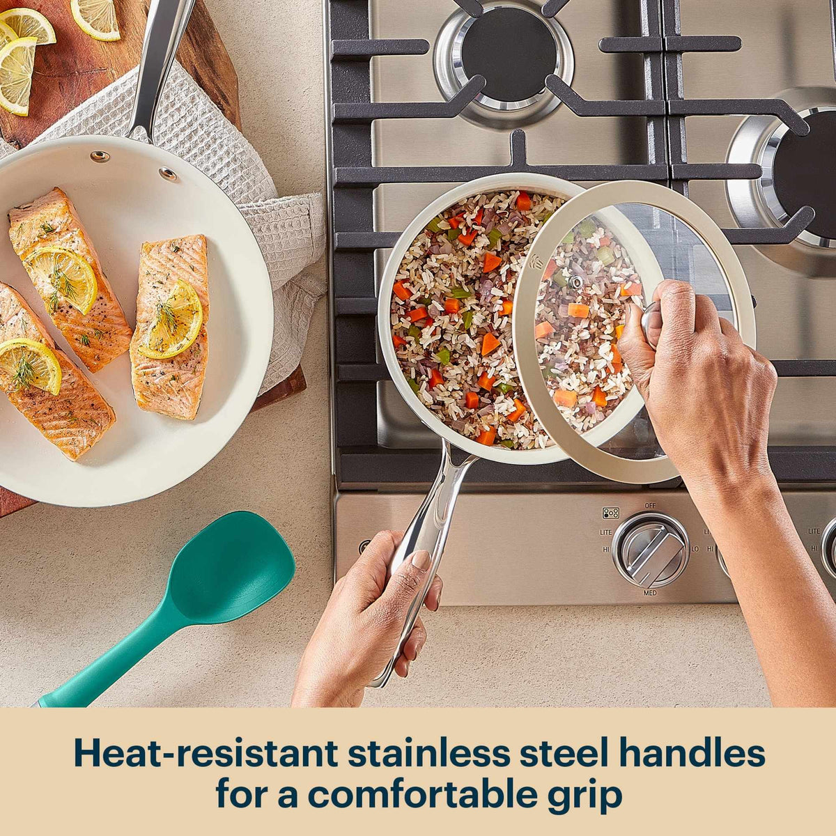 Person cooking on a stovetop with heat-resistant stainless steel handles, text overlay about handles.