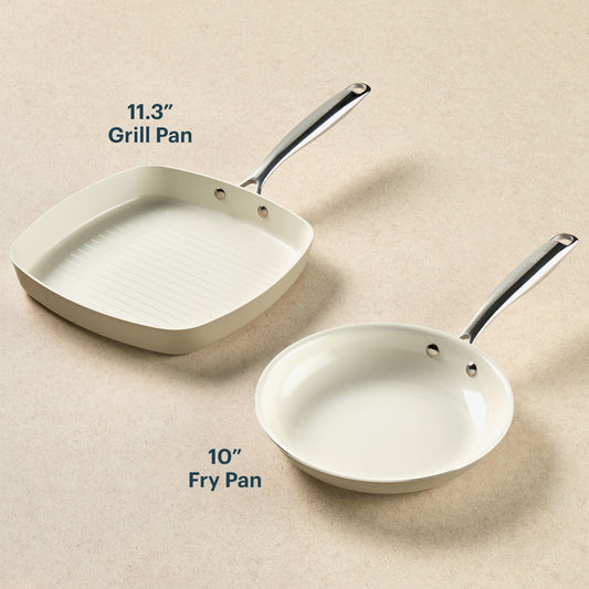 Two ceramic cookware pans, one 11.3" grill pan and one 10" fry pan, on a beige background.