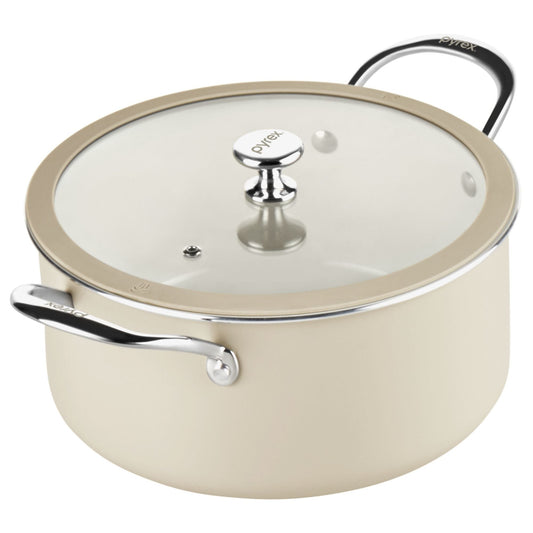 Cream-colored cookware with a glass lid and metal handle on a white background