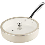 Ceramic cookware set with a frying pan and lid on a white background