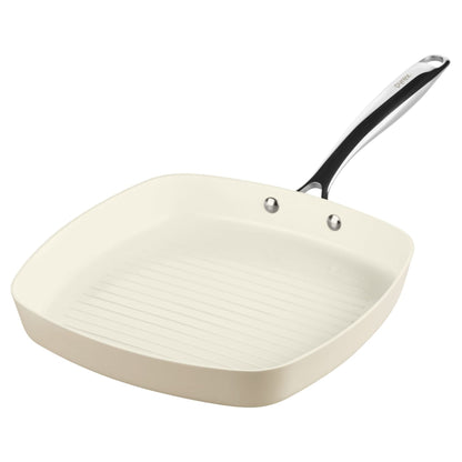 Beige ceramic cookware square frying pan with a silver handle on a white background