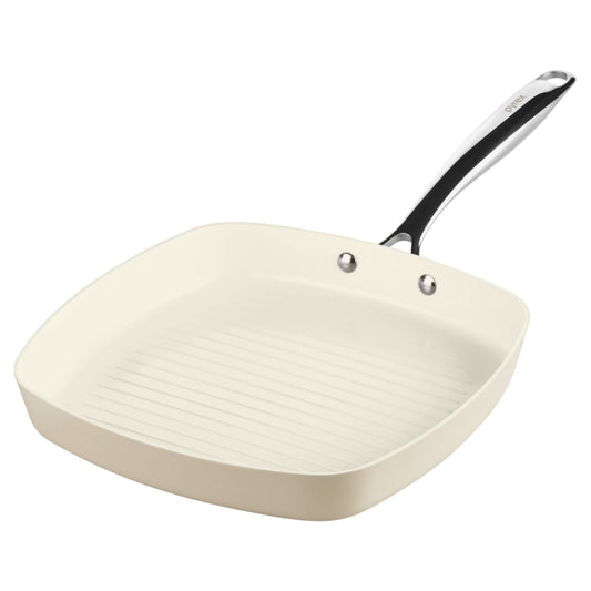 Beige ceramic cookware square frying pan with a silver handle on a white background