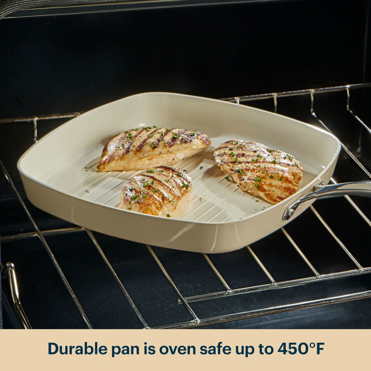 Pan with grilled chicken in an oven, text indicating oven safety.