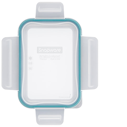 Snapware food storage container with blue lid on a white background