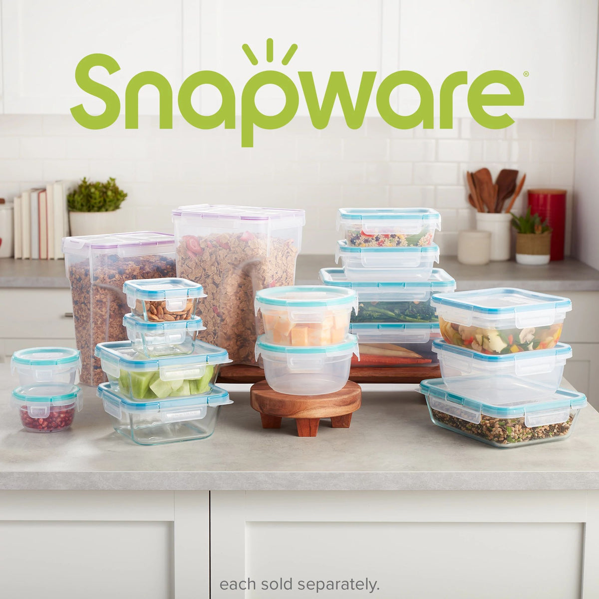 Snapware plastic set on tabletop with text Snapware