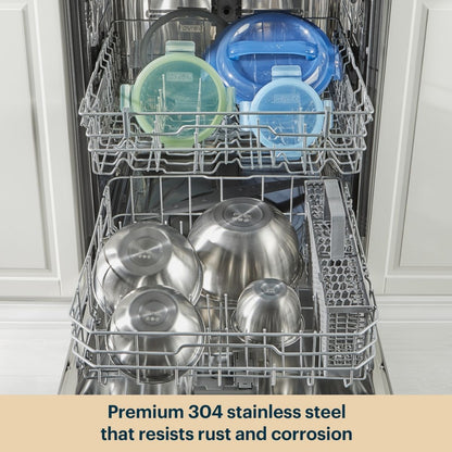 Dishwasher with stainless steel pots and pans inside, text about 304 stainless steel.