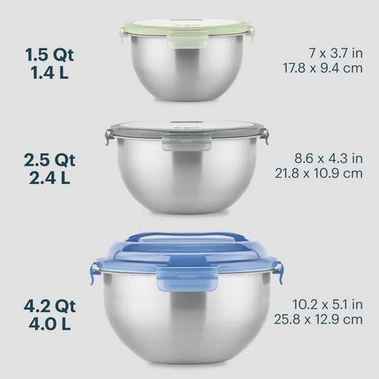 Three stainless steel mixing bowls with lids of different sizes on a white background